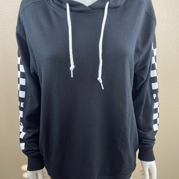 Victoria’s Secret Pink Checkered Long Sleeve Black Pullover Hoodie Sweatshirt - Picture 2 of 9